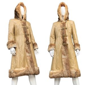 Vintage 70s Penny Lane Rabbit Fur Trim Tan Leather Hooded Buckle Coat Jacket S/M